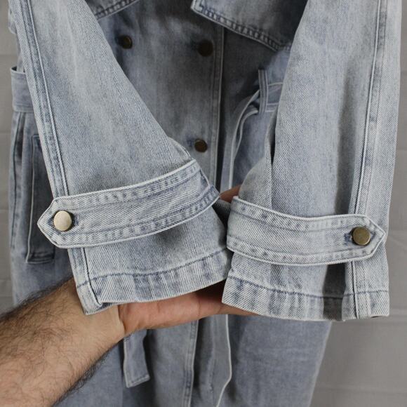 Belle Bloom Jacket Large Trench Skies Stylish Light Blue Denim Coat Belted Chic - Picture 9 of 16